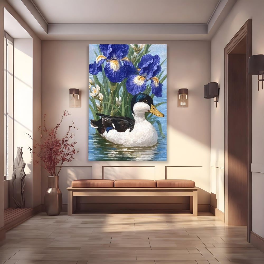 Tablou canvas cu tablou canvas cu rata pe lac si flori de iris, fara rama, pe sasiu de lemn